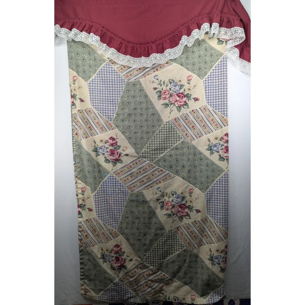 Bacova Floral Patchwork Shower Curtain Burgundy Ruffle Lace 68x68 Cotton USA
